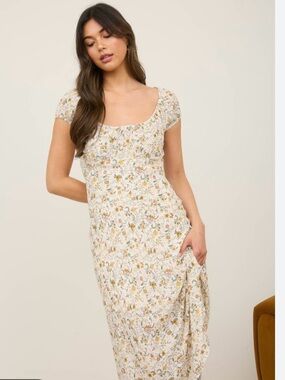 Cream Floral Scoop-Neck Maxi Dress